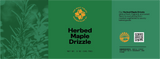 Herbed Maple Drizzle label with green background and brand logo.